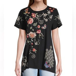 Johnny Was Asymmetrical Embroidered Tee